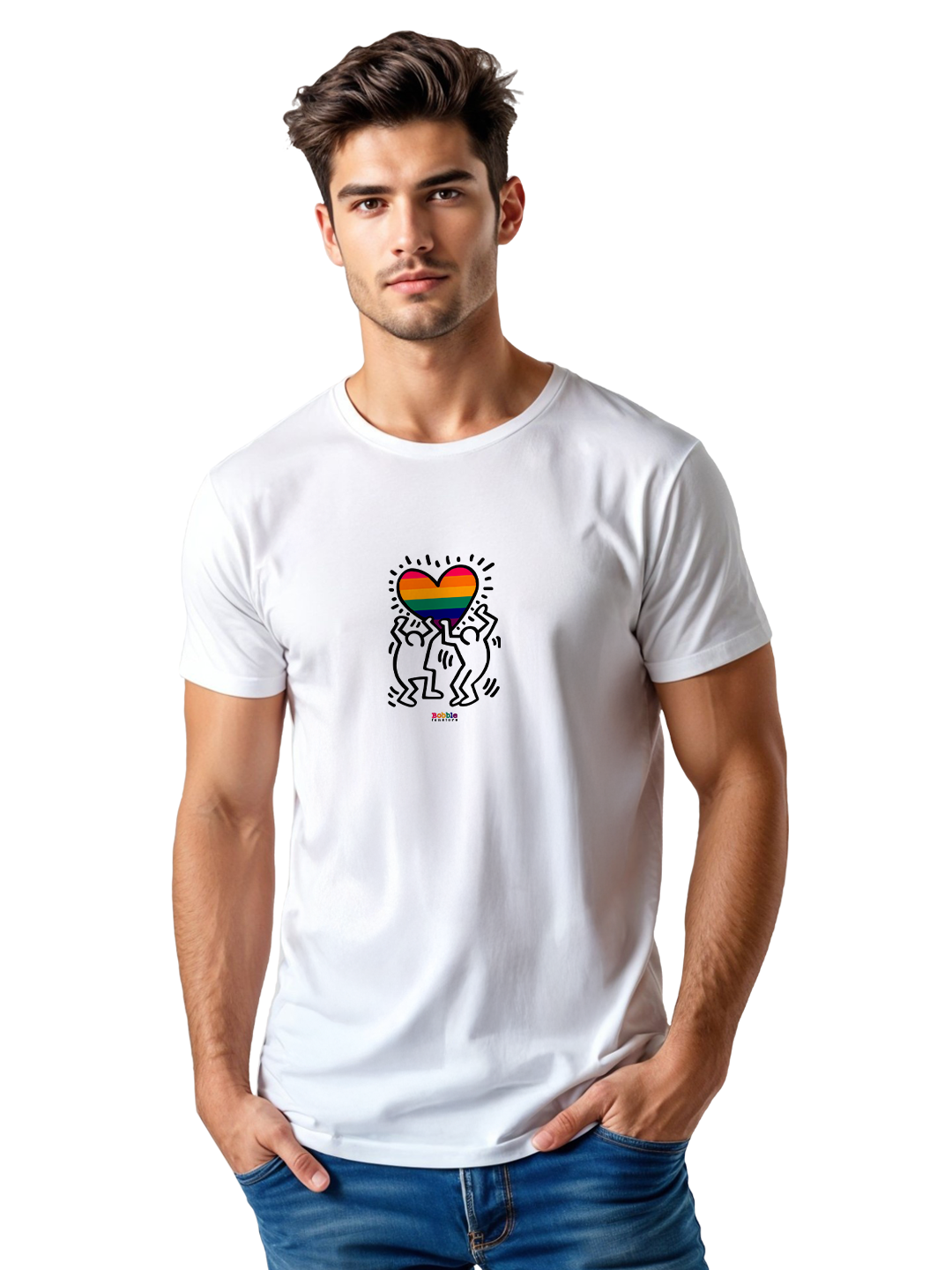 Keith Haring Inspired White T-Shirt for Men – Rainbow Heart Graphic Pride Art Tee | Pride Mode: ON