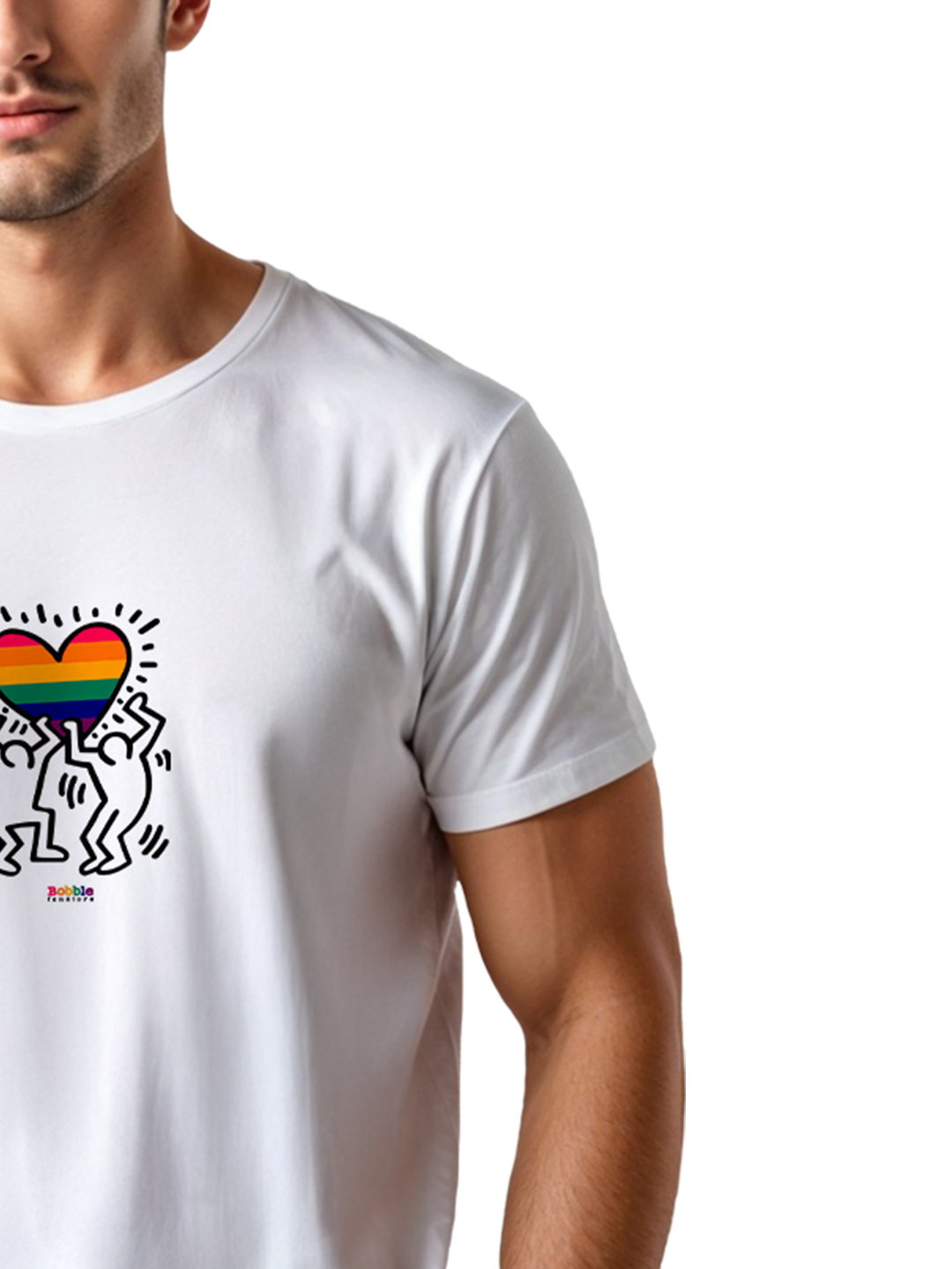 Keith Haring Inspired White T-Shirt for Men – Rainbow Heart Graphic Pride Art Tee | Pride Mode: ON