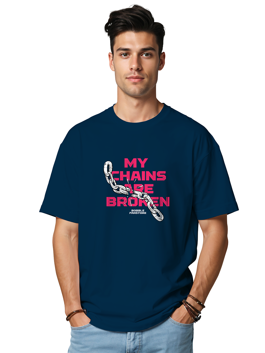 Men's Blue Oversized T-Shirt with 'My Chains Are Broken' Statement Print | 100% Cotton Drop Shoulder Tee | Liberation Streetwear | Heavyweight Daily Fit