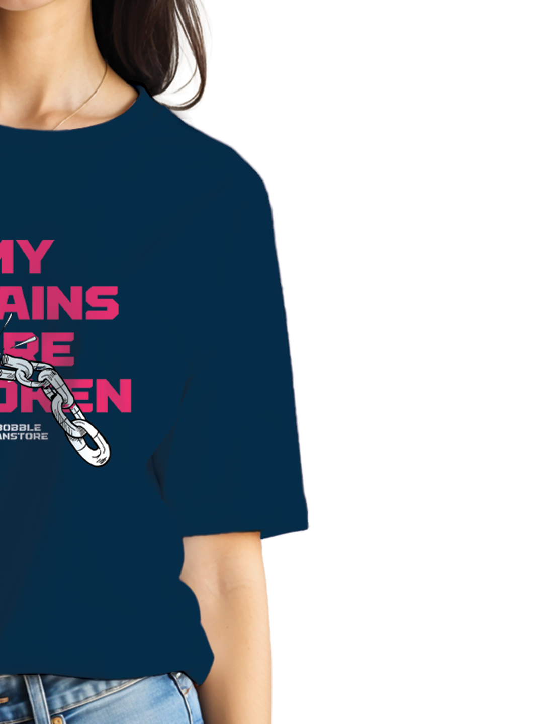 Women's Blue Oversized T-Shirt with 'My Chains Are Broken' Statement Print | 100% Cotton Drop Shoulder Tee | Liberation Streetwear | Heavyweight Daily Fit