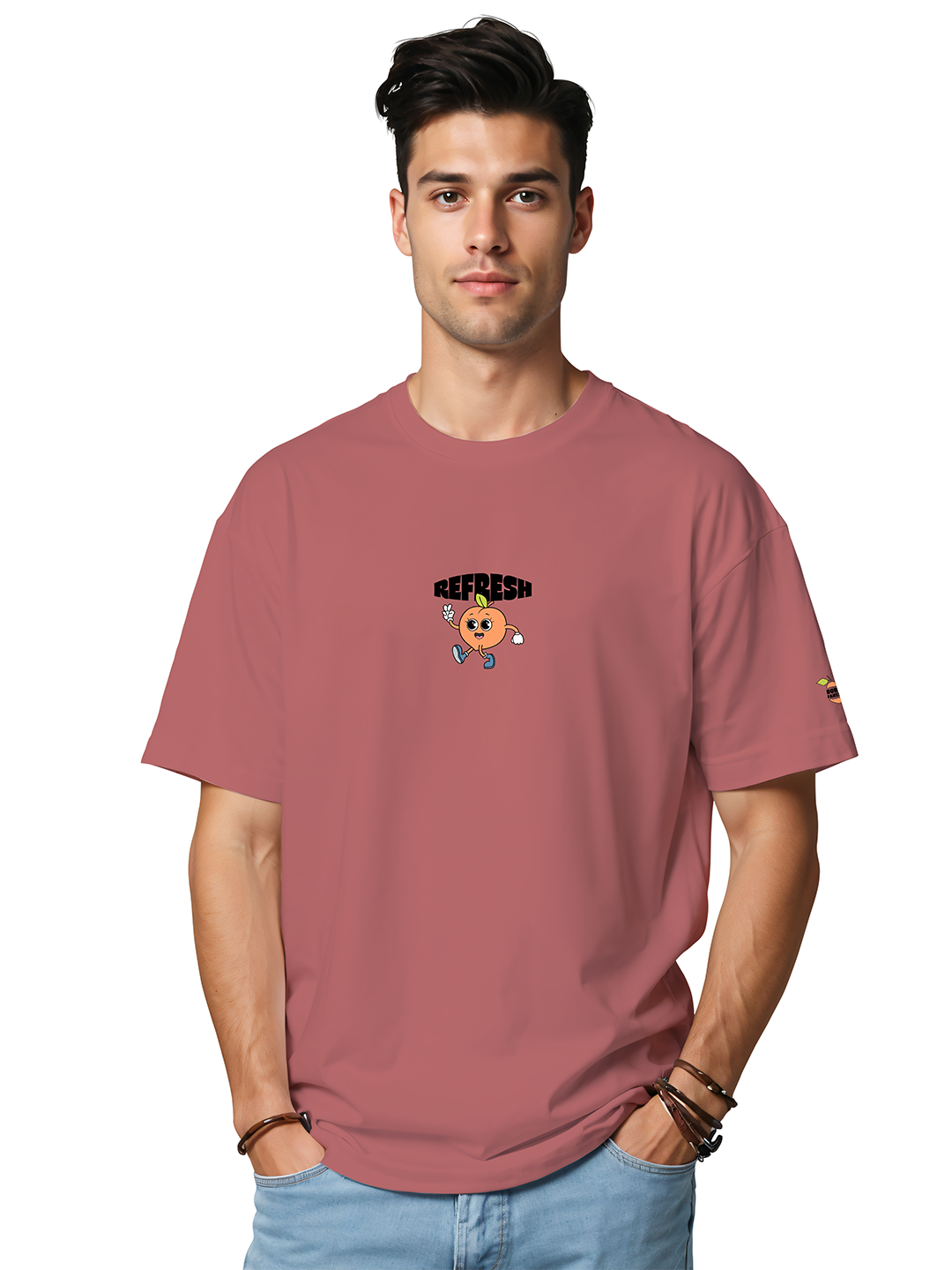 Cheeky Peach T-shirt in Rosy Red – Playful Fruit Graphic Tee For Men