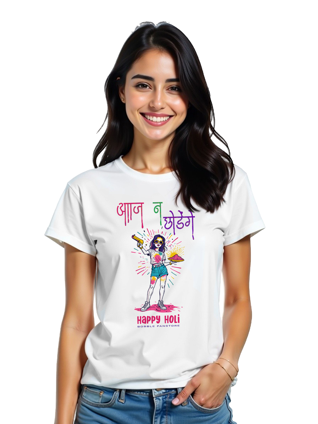 Bobble Fan Store Trendy Women's T-Shirt – Colorful Festive Design | Aaj Na Chhodenge Graphic Tee | Soft & Stylish Cotton Holi Outfit for Women – Perfect for Holi Party & Gifting