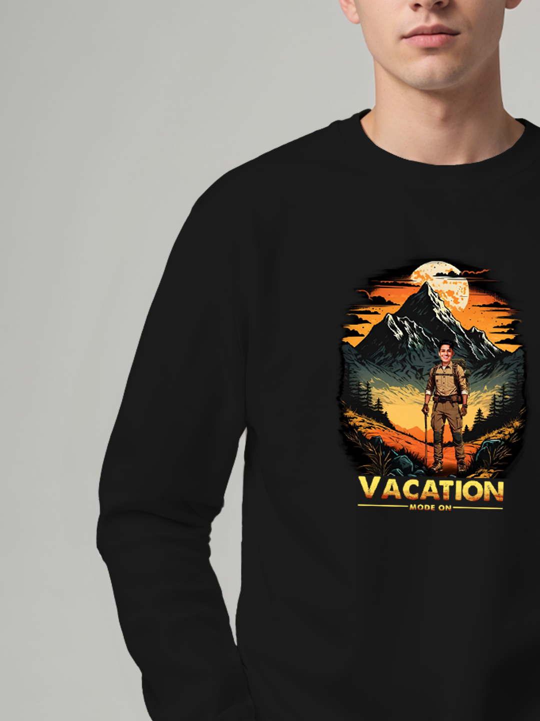 Black Sweatshirt for Men - "Vacation Mode On" Customizable with Your Face