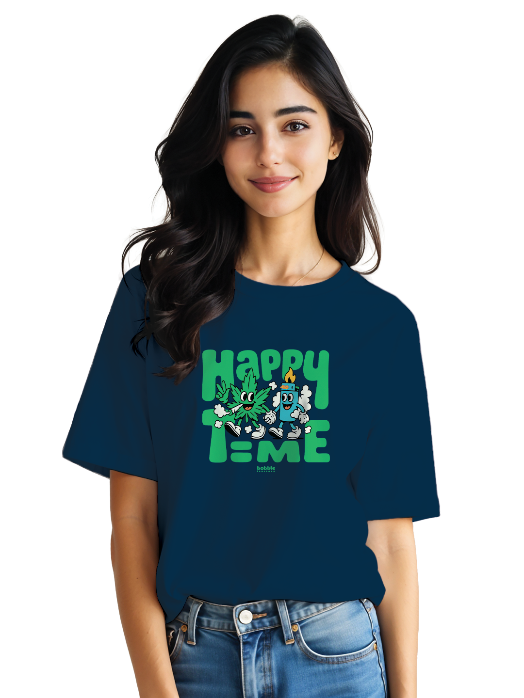 Women's Blue Oversized T-Shirt with 'Happy Time' Print | Relaxed Fit Drop Shoulder Tee | 100% Cotton Streetwear | Chill Vibes Aesthetic for Daily Comfort