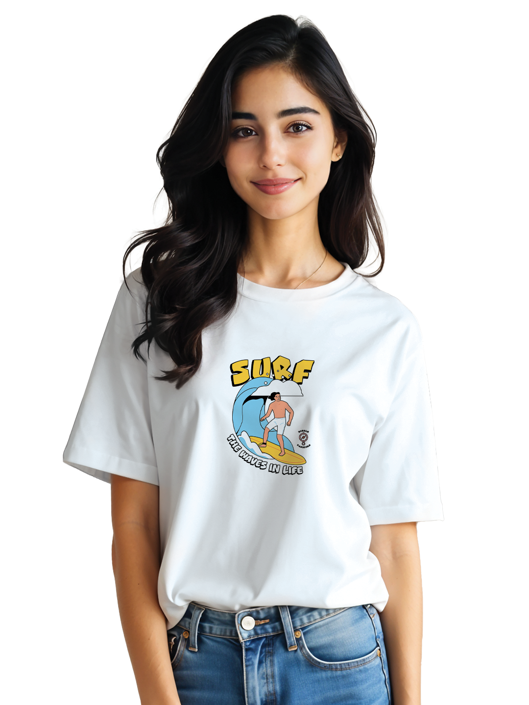 Women's White Oversized T-Shirt with Surf Illustration | 100% Cotton Heavyweight Tee | Drop Shoulder Fit | Beach Graphic Streetwear for Casual Daily Style