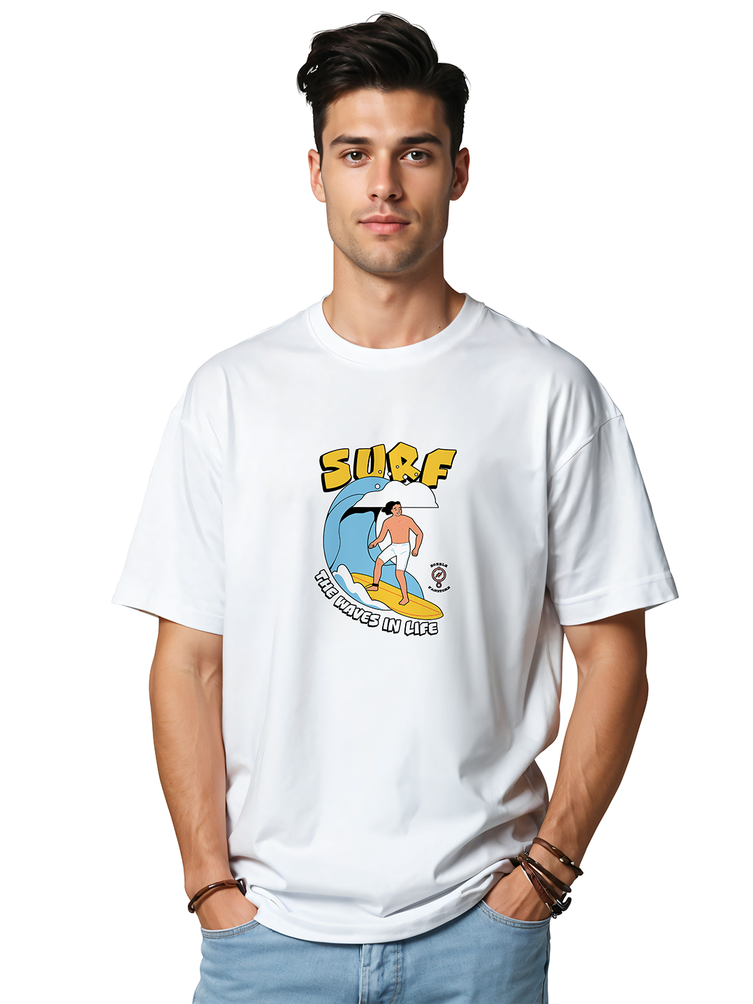 Men's White Oversized T-Shirt with Surf Illustration | 100% Cotton Heavyweight Tee | Drop Shoulder Fit | Beach Graphic Streetwear for Casual Daily Style