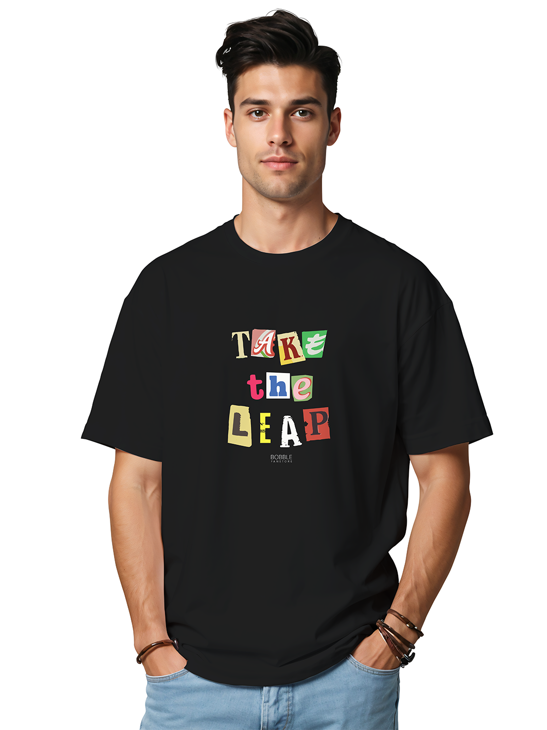 Men's Black Oversized T-Shirt with 'Take The Leap' Bold Pop Text | 100% Cotton Drop Shoulder Streetwear | Relaxed Fit Motivational Graphic Daily Wear Tee
