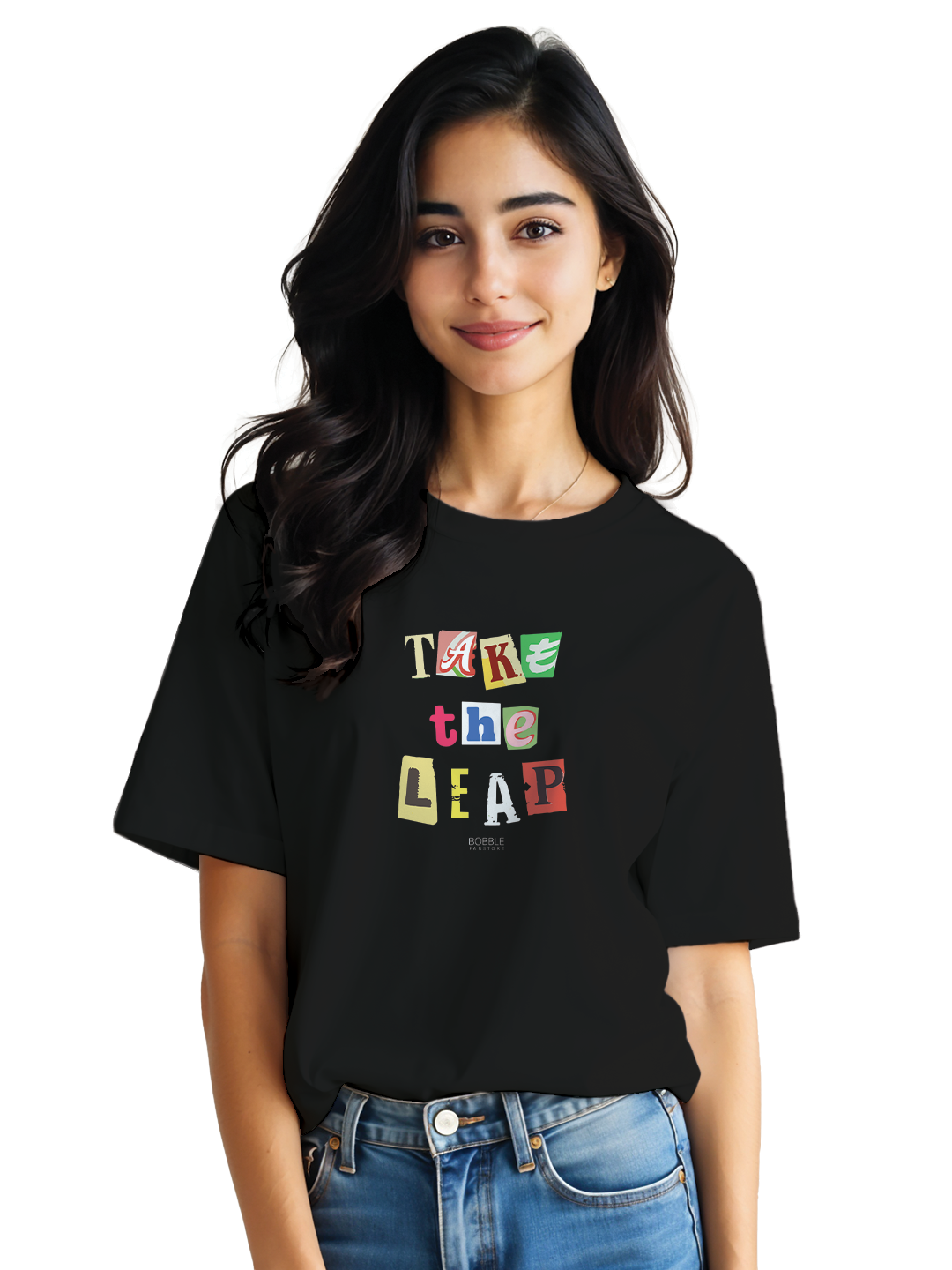 Women's Black Oversized T-Shirt with 'Take The Leap' Bold Pop Text | 100% Cotton Drop Shoulder Streetwear | Relaxed Fit Motivational Graphic Daily Wear Tee