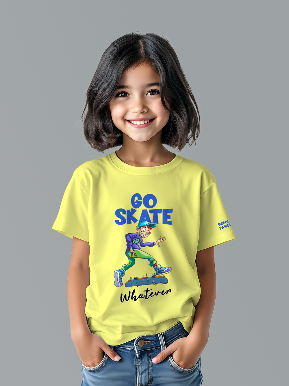 Go Skate Girls Yellow T-Shirt – Fun Skateboard Illustration, Soft Cotton, Active Wear