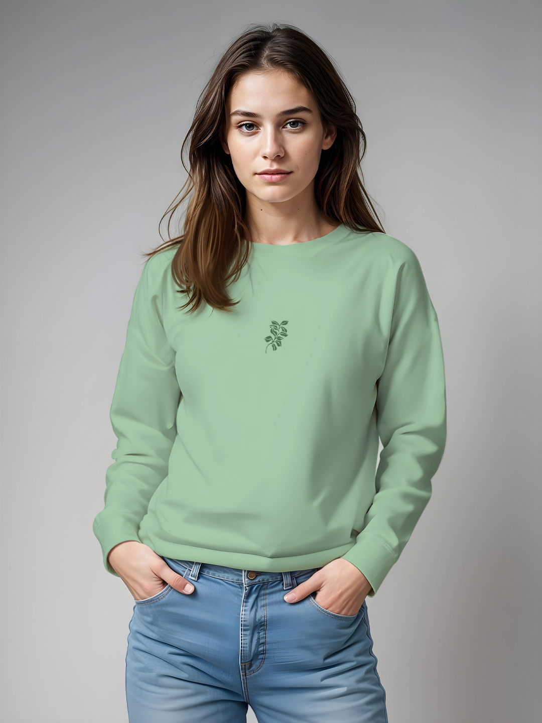 Roses Bloom Thorns Sweatshirt in Green - Artistic Floral Hoodie for Nature Lovers For Women