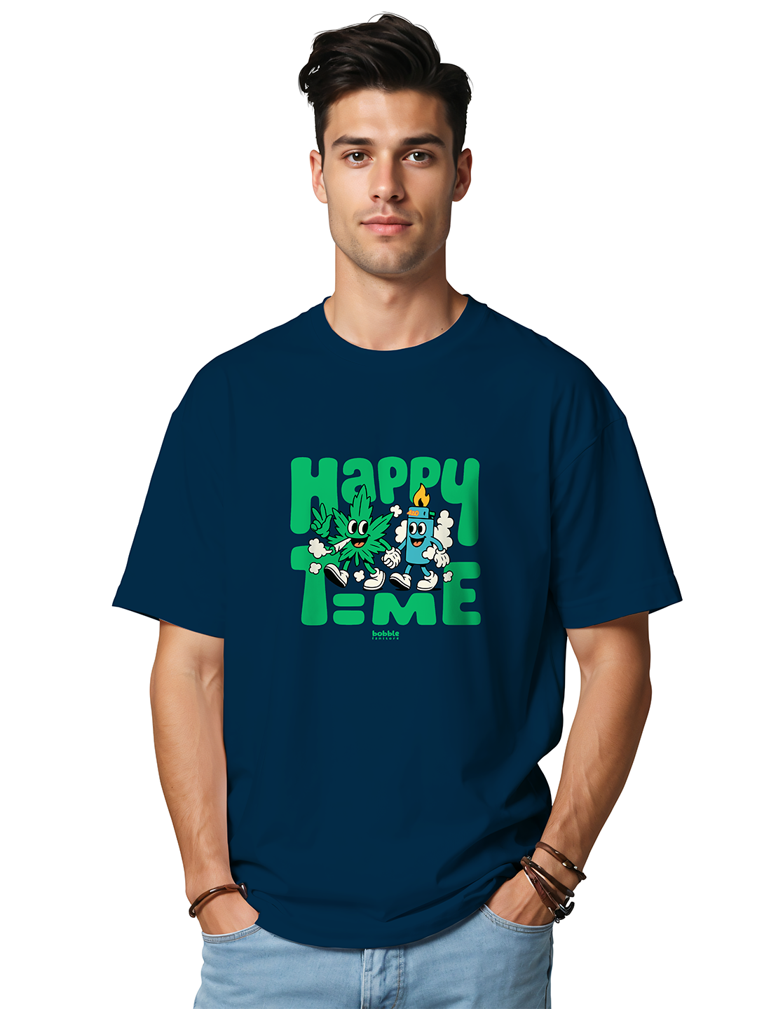 Men's Blue Oversized T-Shirt with 'Happy Time' Print | Relaxed Fit Drop Shoulder Tee | 100% Cotton Streetwear | Chill Vibes Aesthetic for Daily Comfort
