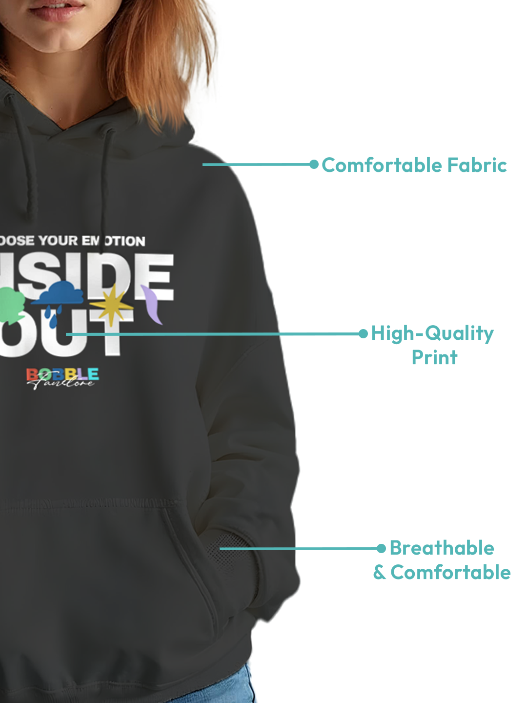 Black Hoodie with 'Inside Out' Illustration – Graphic Design Hoodie for Women, Comfortable Casual Wear for Bold and Trendy Style
