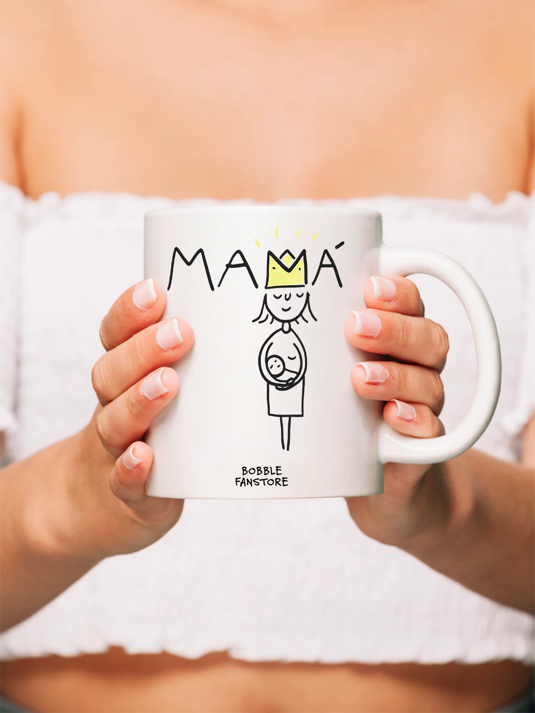 Mamá Coffee Mug – Minimalist Mom & Baby Sketch Design with Yellow Crown | Sweet Mother’s Day Gift for First-Time Moms & Moms-To-Be
