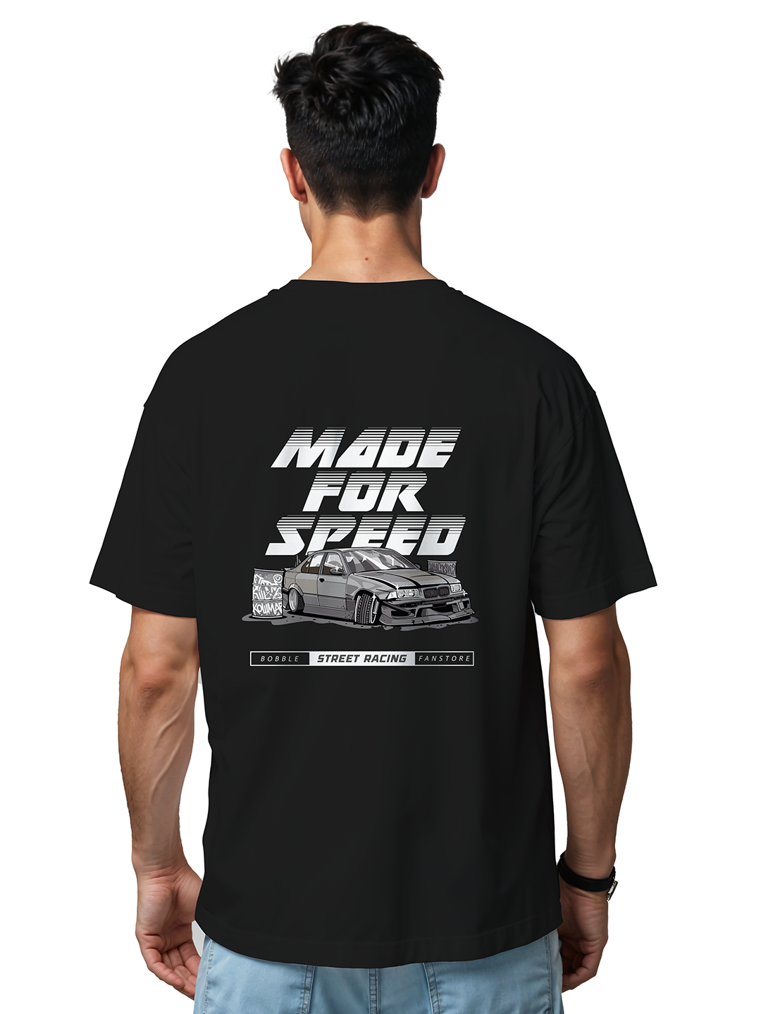 Made for Speed Oversized Black T-Shirt for Men – Bobble Fanstore Street Racing Graphic Tee Featuring Drift Car Design Front and Back