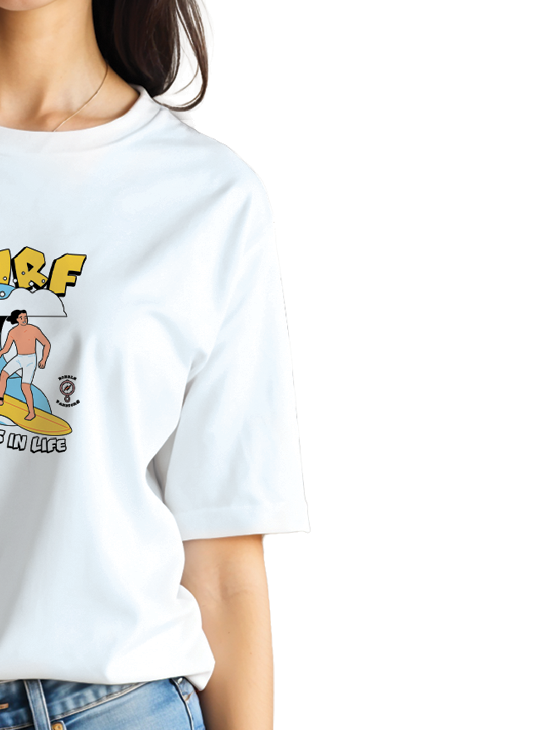 Women's White Oversized T-Shirt with Surf Illustration | 100% Cotton Heavyweight Tee | Drop Shoulder Fit | Beach Graphic Streetwear for Casual Daily Style