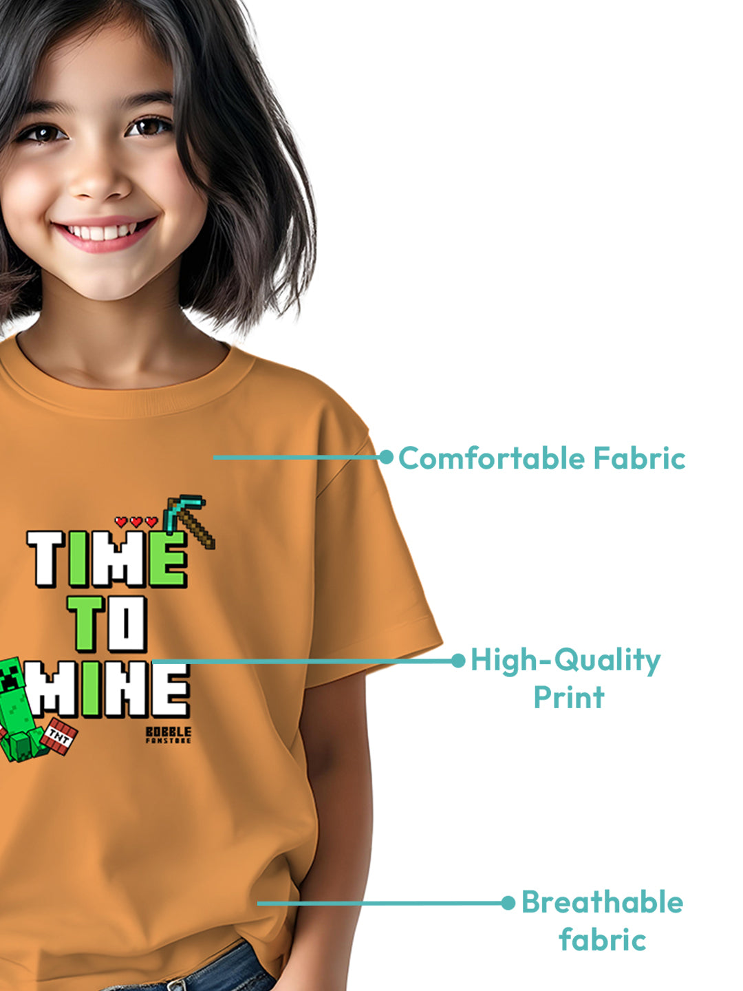 Time to Mine Mustard Yellow T-Shirt for Girls | Minecraft-Themed Design | Fun & Stylish Kidswear for Playdates & Adventures | Ages 4-12
