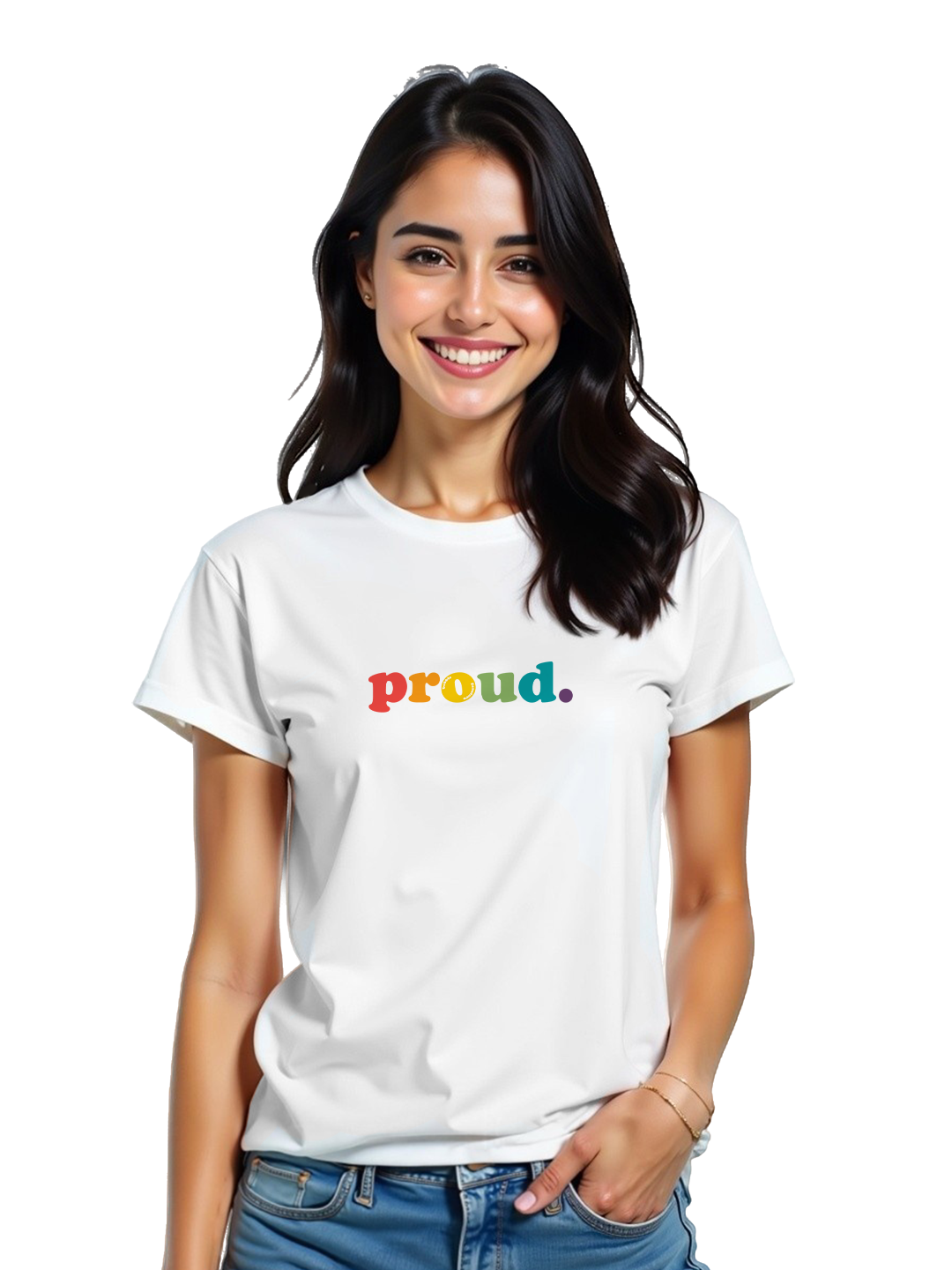 Proud Minimal White T-Shirt for Women – Rainbow Lettering Pride Tee | Pride Mode: ON