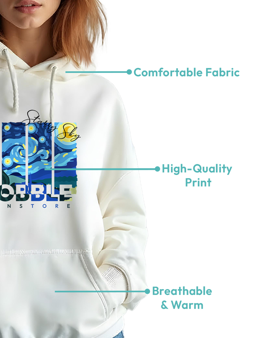 Women’s White Sweatshirt with Van Gogh Art Print – Cozy & Trendy Cotton Blend Pullover for Art Enthusiasts – Gift for Van Gogh Lovers