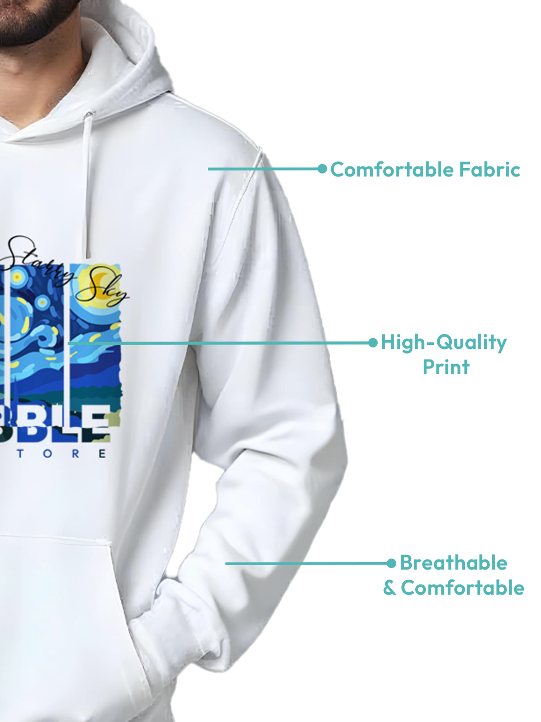 Men’s White Sweatshirt with Van Gogh Painting Illustration – Premium Cotton Blend, Artistic Design for Art Lovers – Stylish & Comfortable Pullover