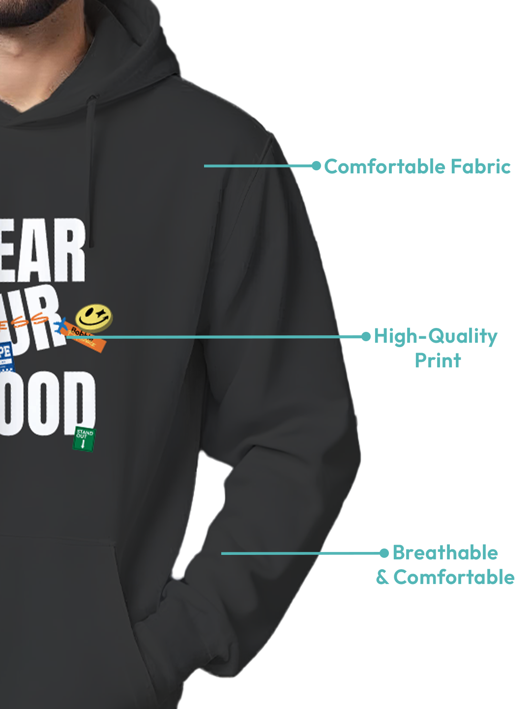 Black Hoodie with 'Wear Your Mood' Text – Comfortable and Trendy Hoodie for Men, Stylish Design for Casual Outfits or Relaxation