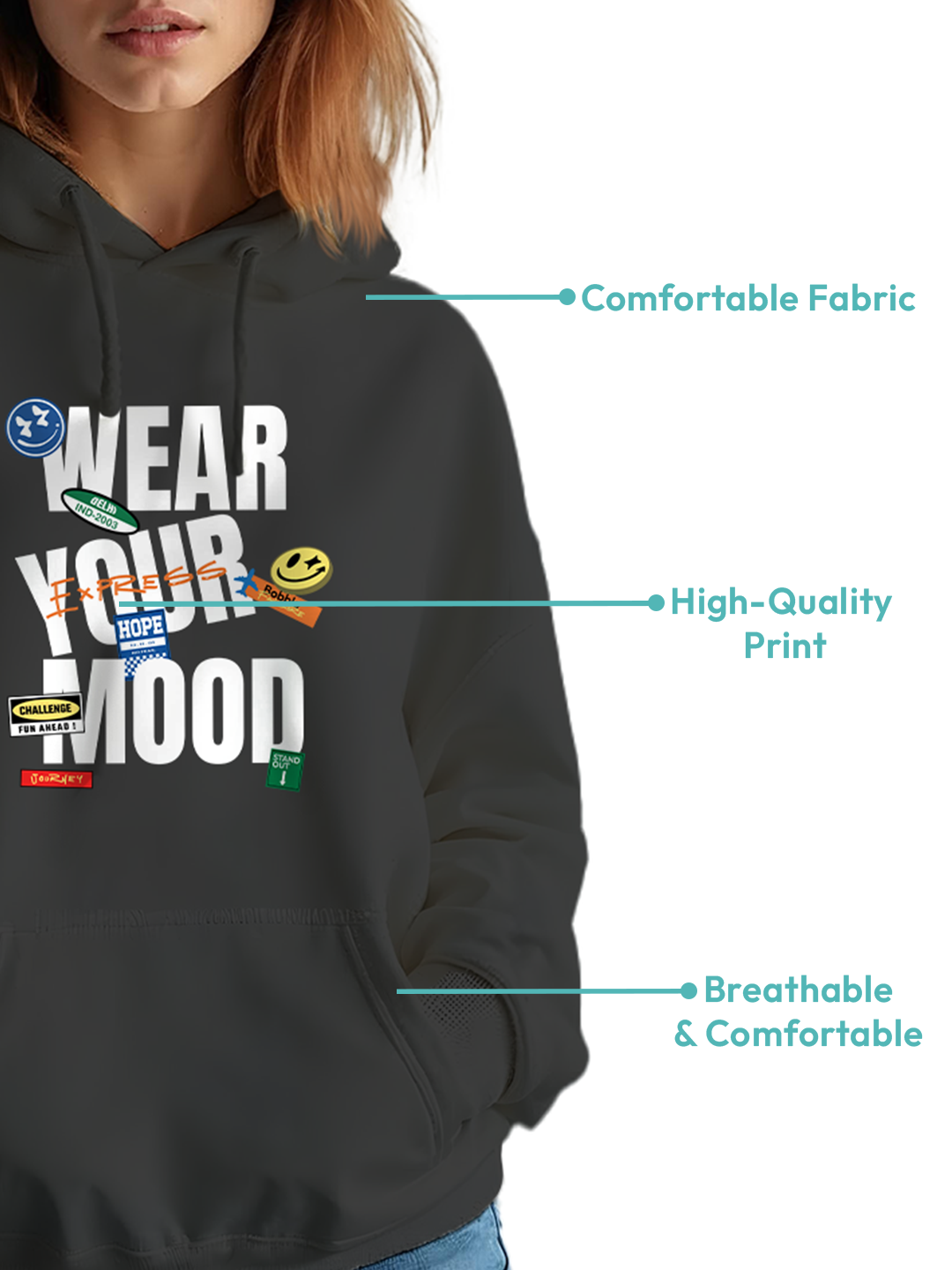 Black Hoodie with 'Wear Your Mood' Fun Text – Comfortable and Stylish Hoodie for Women, Versatile Casual Wear for Every Day