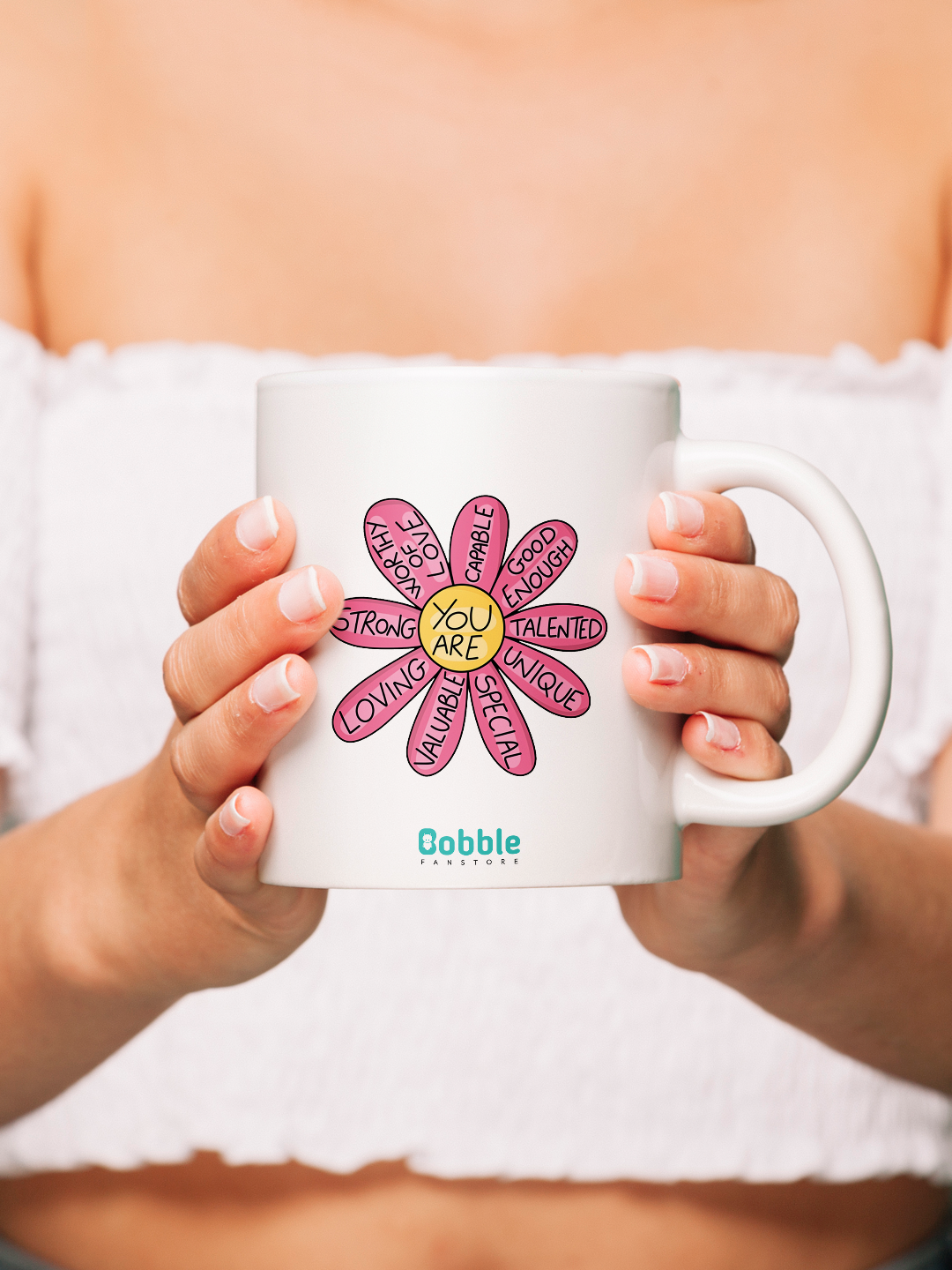 Motivational Flower Coffee Mug in White - Inspiring Text Design