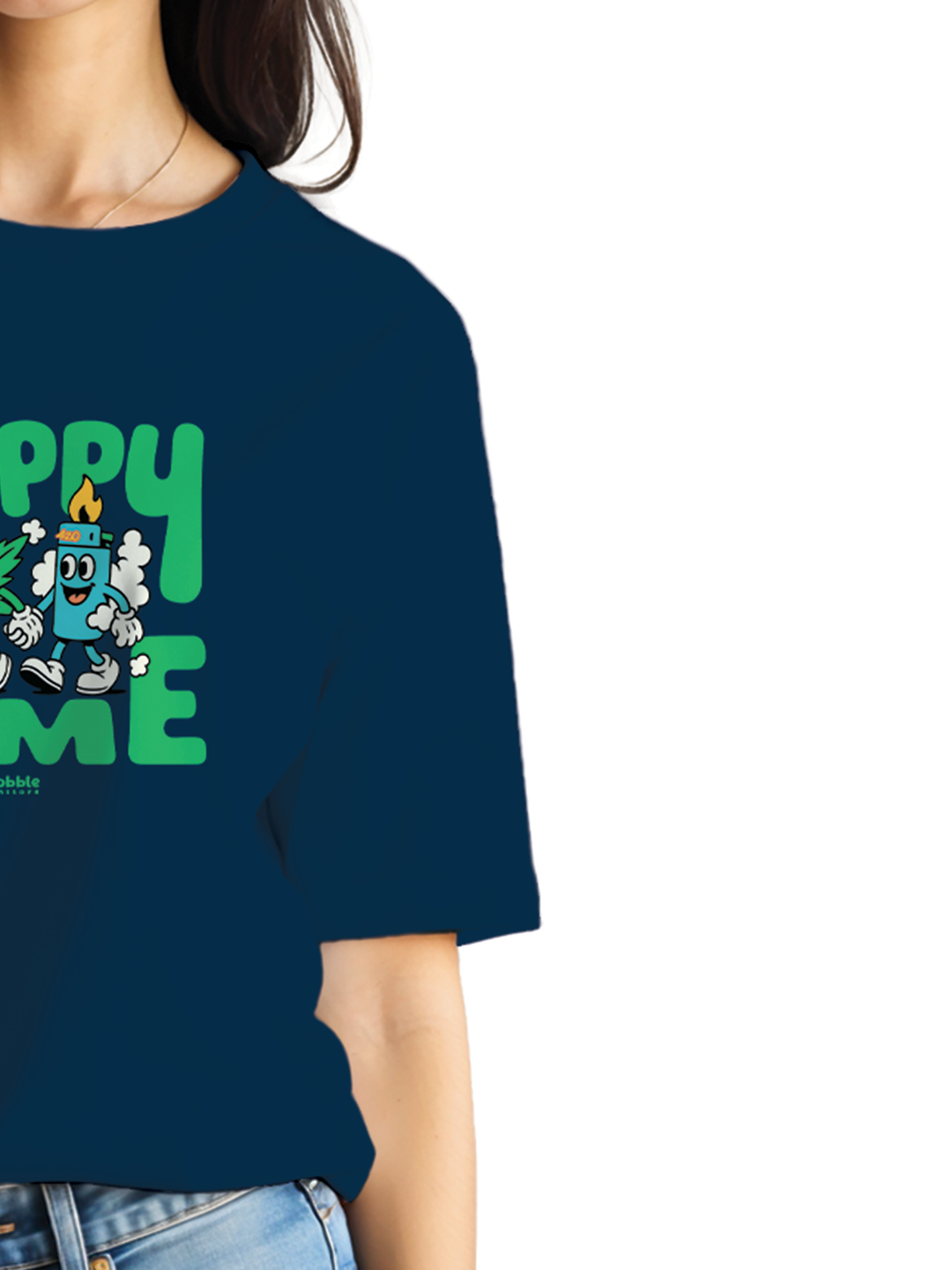 Women's Blue Oversized T-Shirt with 'Happy Time' Print | Relaxed Fit Drop Shoulder Tee | 100% Cotton Streetwear | Chill Vibes Aesthetic for Daily Comfort