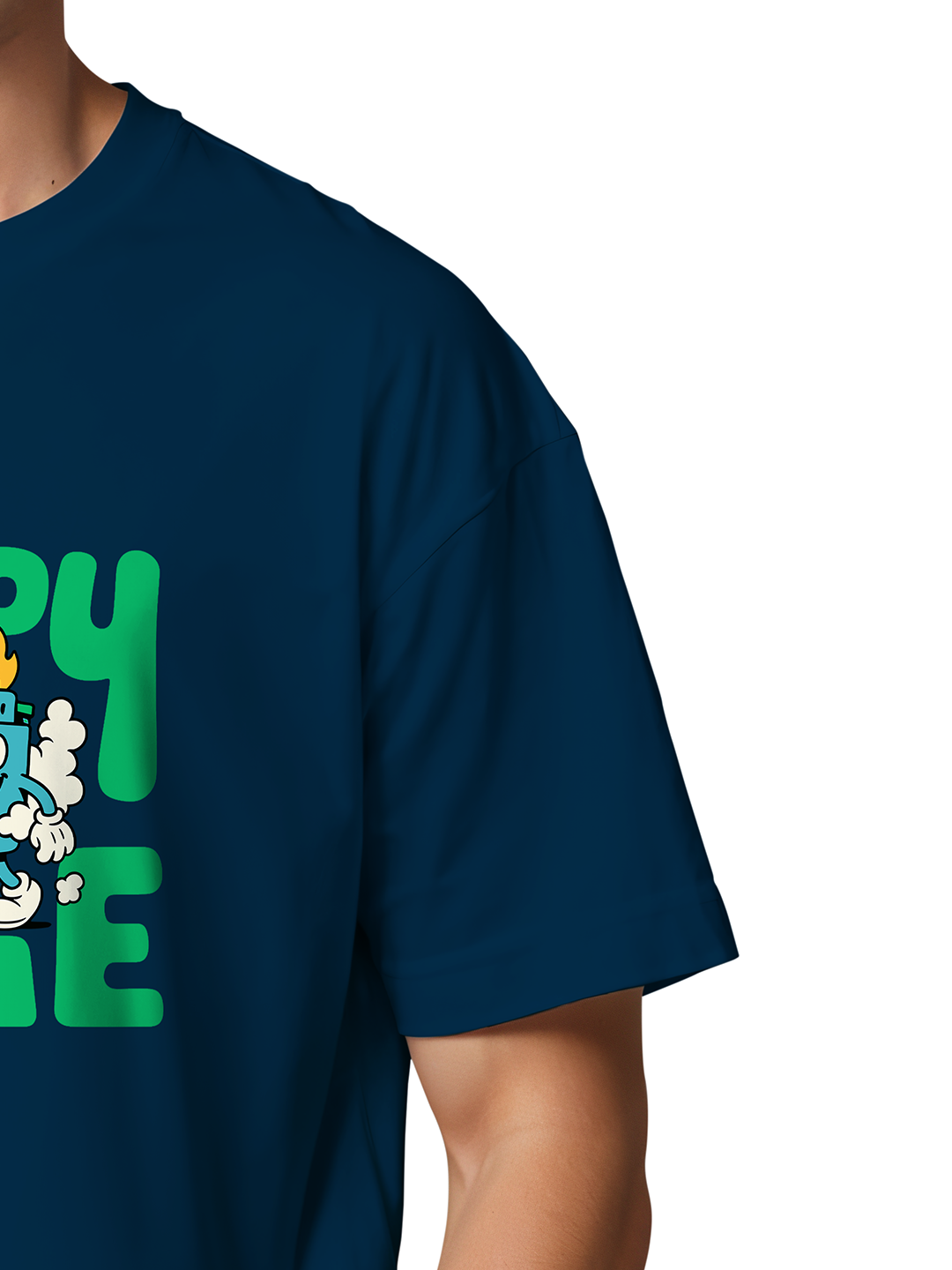 Men's Blue Oversized T-Shirt with 'Happy Time' Print | Relaxed Fit Drop Shoulder Tee | 100% Cotton Streetwear | Chill Vibes Aesthetic for Daily Comfort