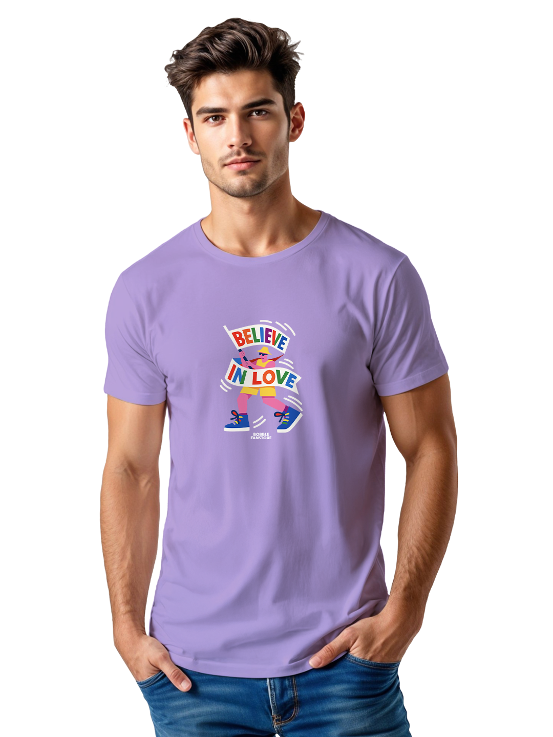 Believe in Love Lavender T-Shirt for Men – Comfortable Pride Month Graphic Tee | Pride Mode: ON
