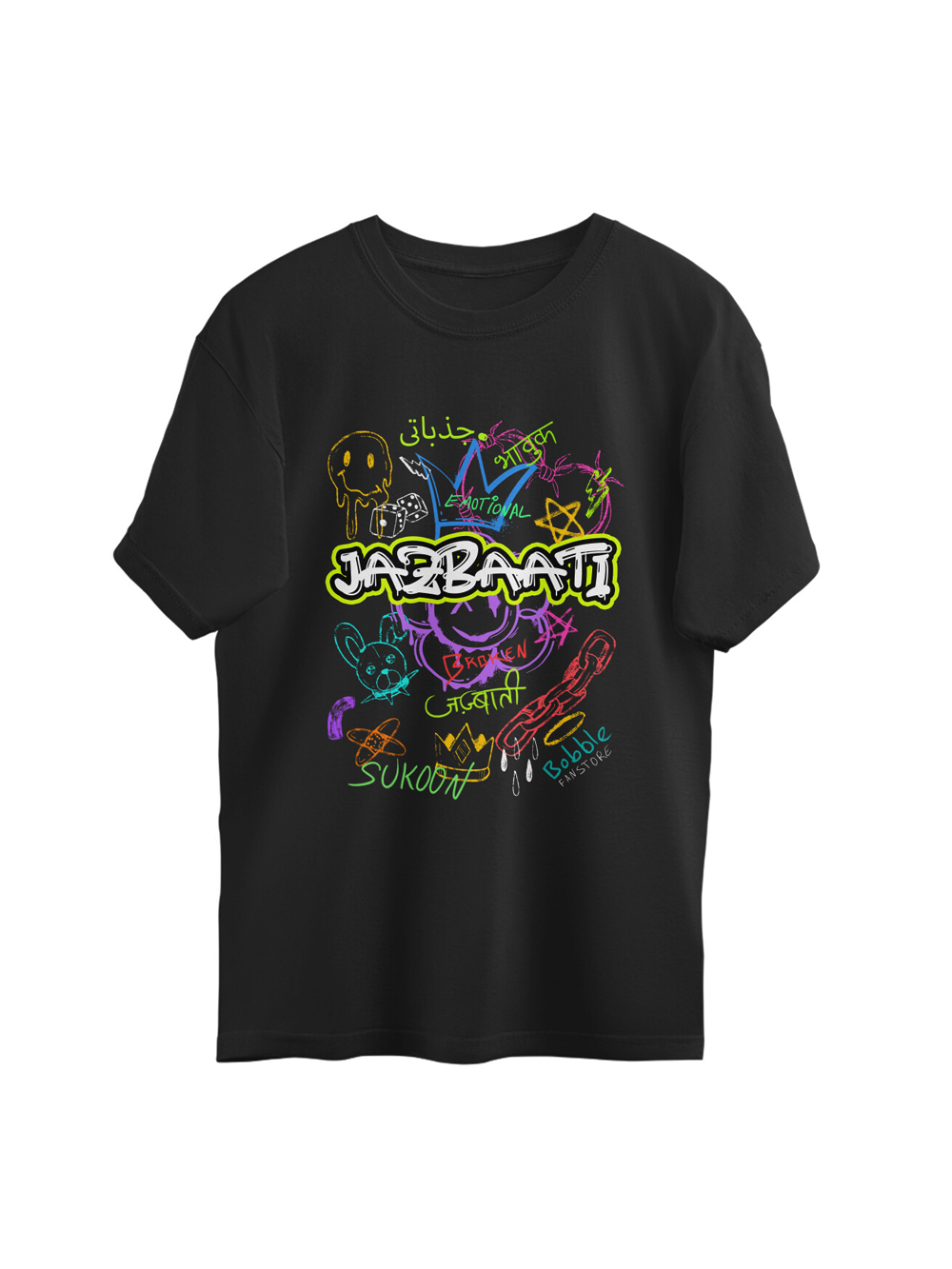 Jazbaati Funky Doodle Black Unisex T-shirt by Nidhi Narwal – Bold Hindi Emotions Design with Playful Doodles | Trendy Casual Wear for Women