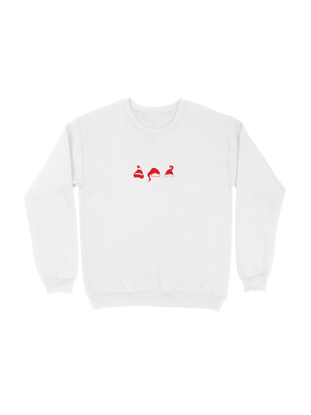 White Sweatshirt for Women with Three Red Santa Caps – Cheerful & Cozy Christmas Look