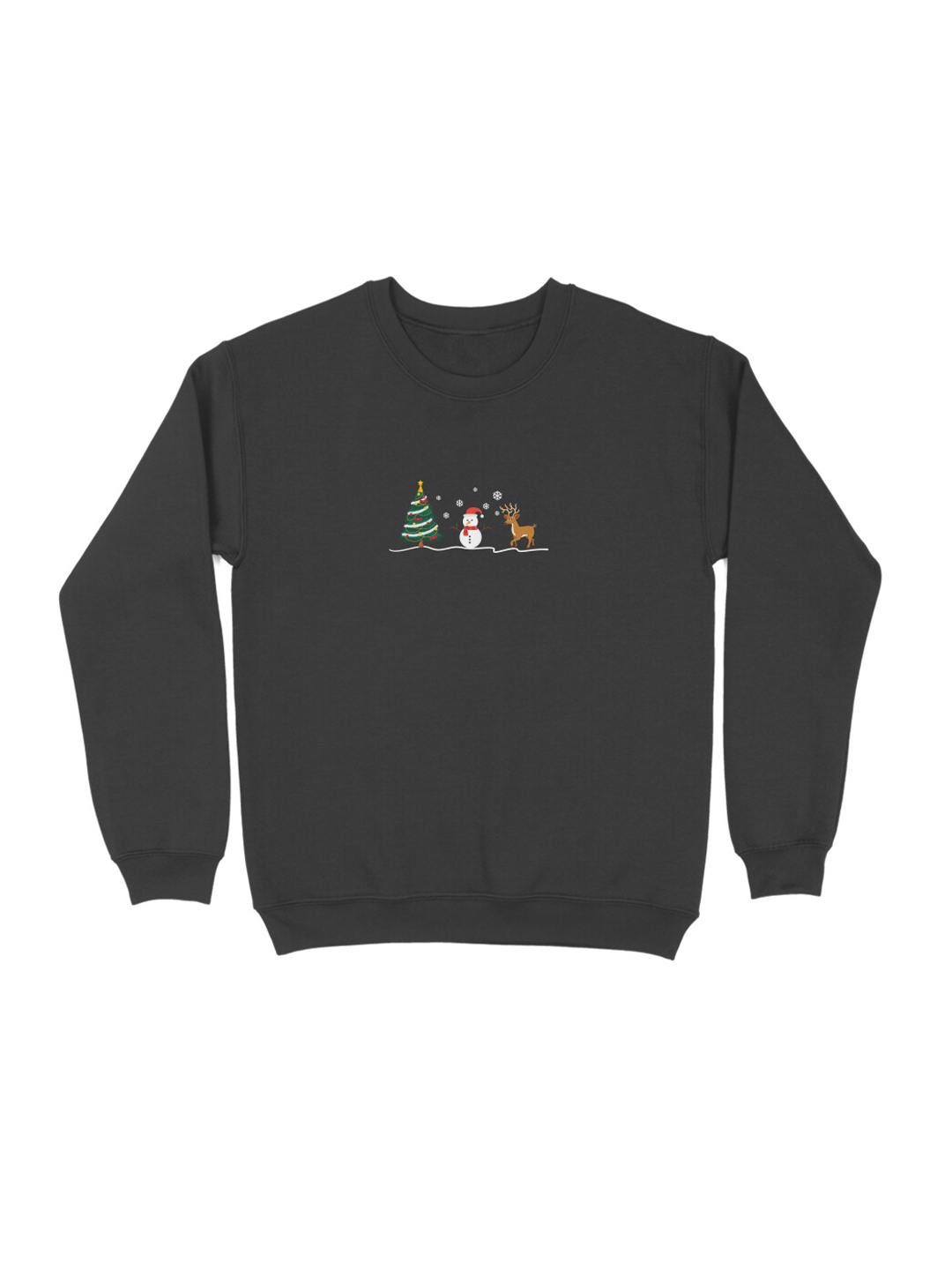 Black Sweatshirt for Women with Snowman, Reindeer, and Christmas Tree – Cozy & Minimalist Holiday Design