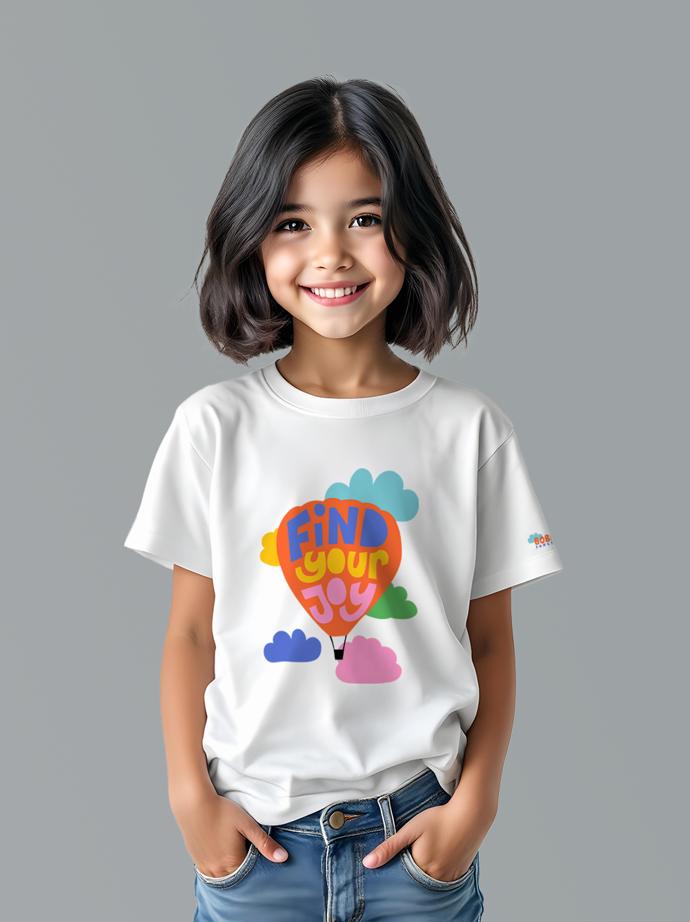 Find Your Joy Girls White T-Shirt – Hot Air Balloon Illustration, Soft Cotton, Inspirational Design