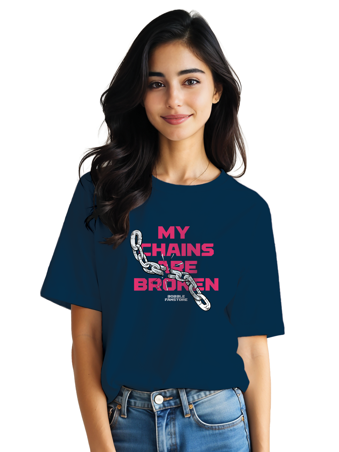 Women's Blue Oversized T-Shirt with 'My Chains Are Broken' Statement Print | 100% Cotton Drop Shoulder Tee | Liberation Streetwear | Heavyweight Daily Fit