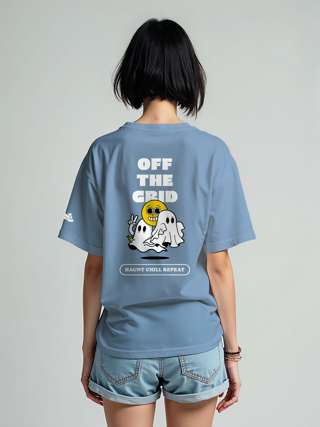 Ghost Escape T-shirt in Blue – Off the Grid Graphic Tee For Women