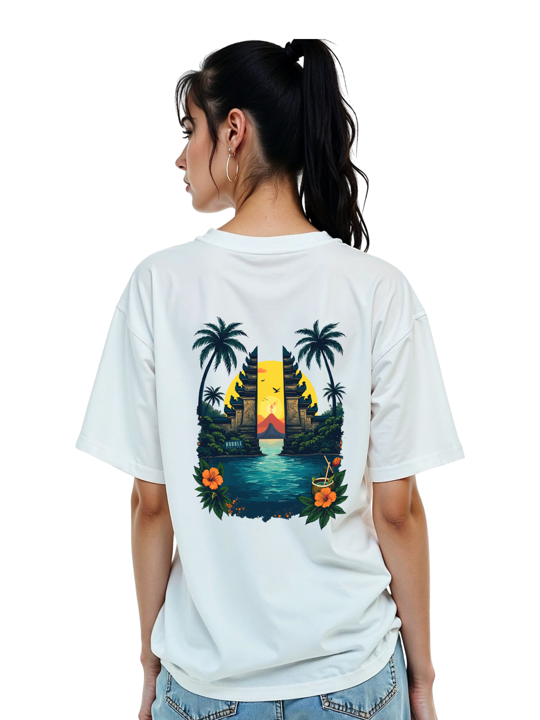 Women’s White Oversized T-Shirt with Bali Illustration at Back – Relaxed Fit, Breathable Cotton Travel Tee | Trendy & Comfortable Oversized Streetwear