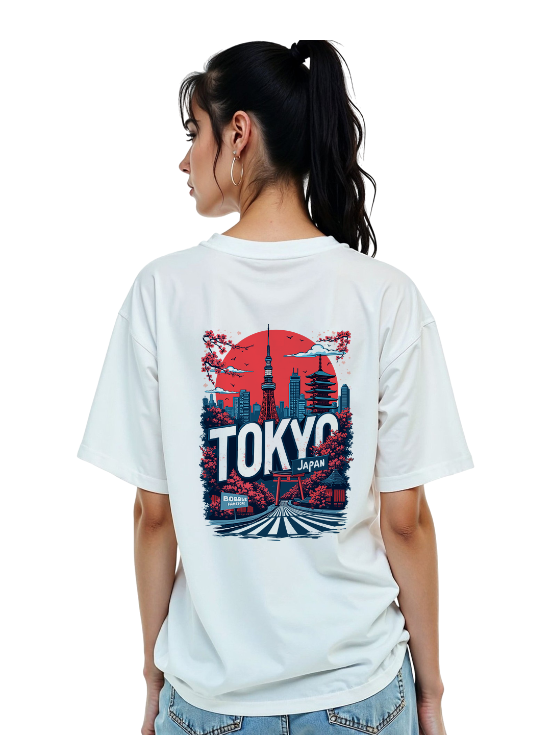 Women’s White Oversized T-Shirt with Tokyo Back Print – Relaxed Fit Cotton Tee | Trendy & Comfortable Japanese-Inspired Streetwear