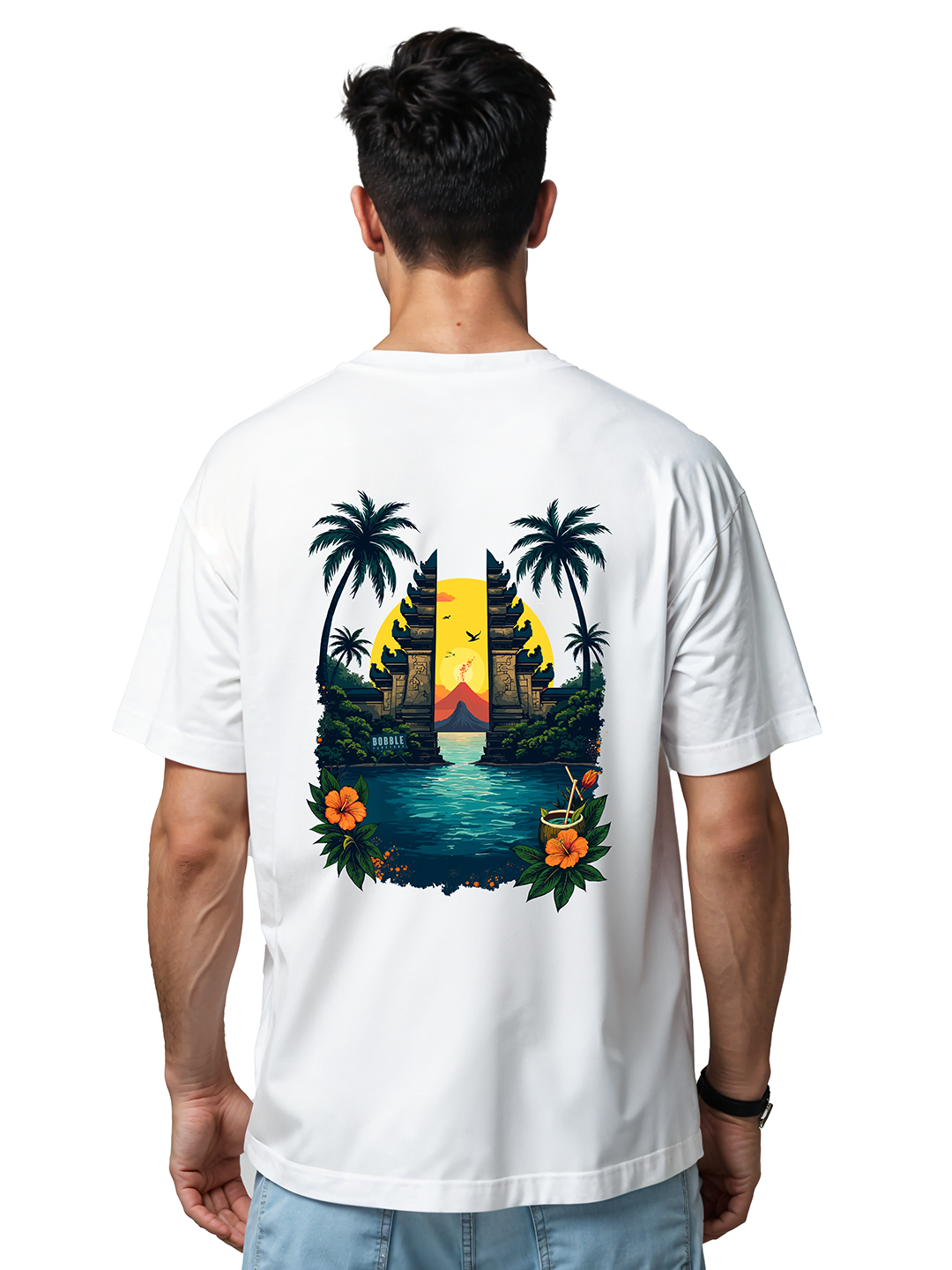 Men’s White Oversized T-Shirt with Bali Illustration at Back – Trendy Travel Streetwear | Comfortable Cotton Tee for Casual & Vacation Fashion