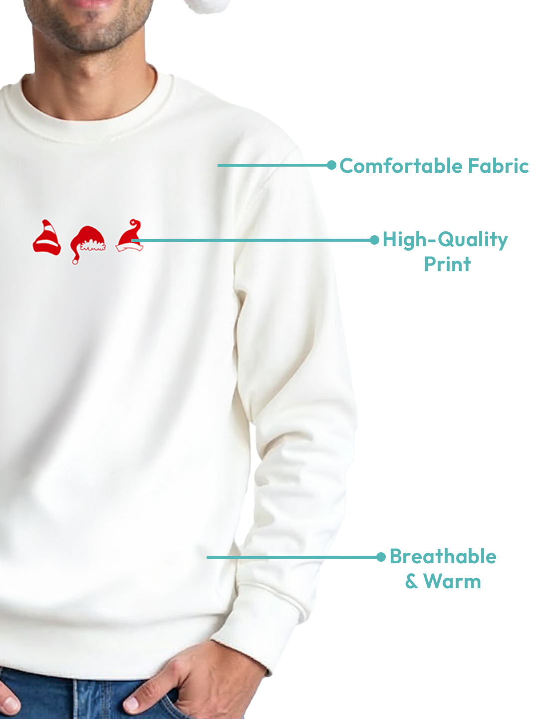 White Sweatshirt for Men with Three Red Santa Caps – Fun & Festive Christmas Wear