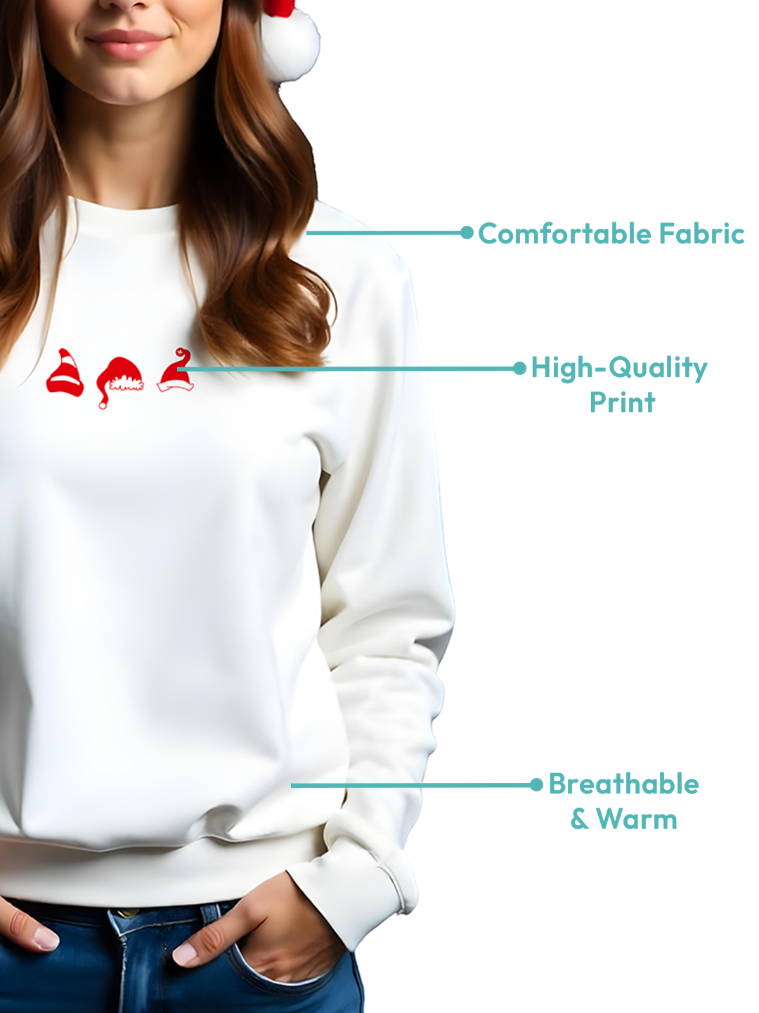 White Sweatshirt for Women with Three Red Santa Caps – Cheerful & Cozy Christmas Look