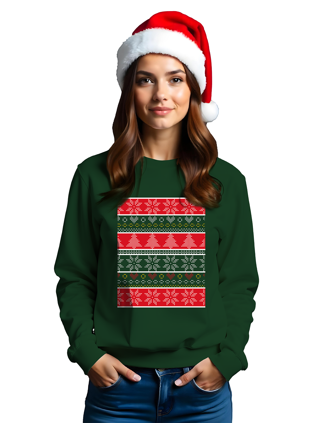 Green Christmas Sweatshirt for Women with Playful Holiday Pattern – Cozy & Festive