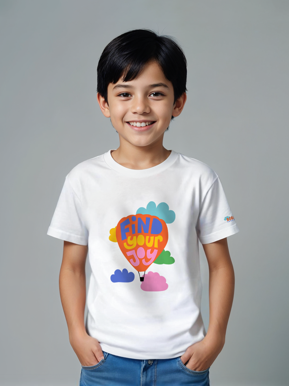 Find Your Joy Boys White T-Shirt – Hot Air Balloon Illustration, Soft Cotton, Inspirational Design