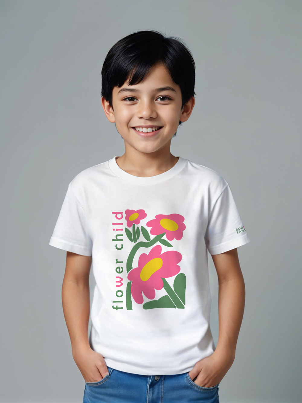 Flower Child Boys White T-Shirt – Floral Illustration, Soft Cotton, Boho Style