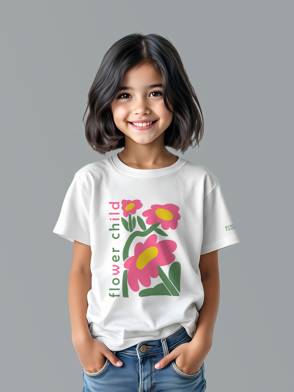 Flower Child Girls White T-Shirt – Floral Illustration, Soft Cotton, Boho Style