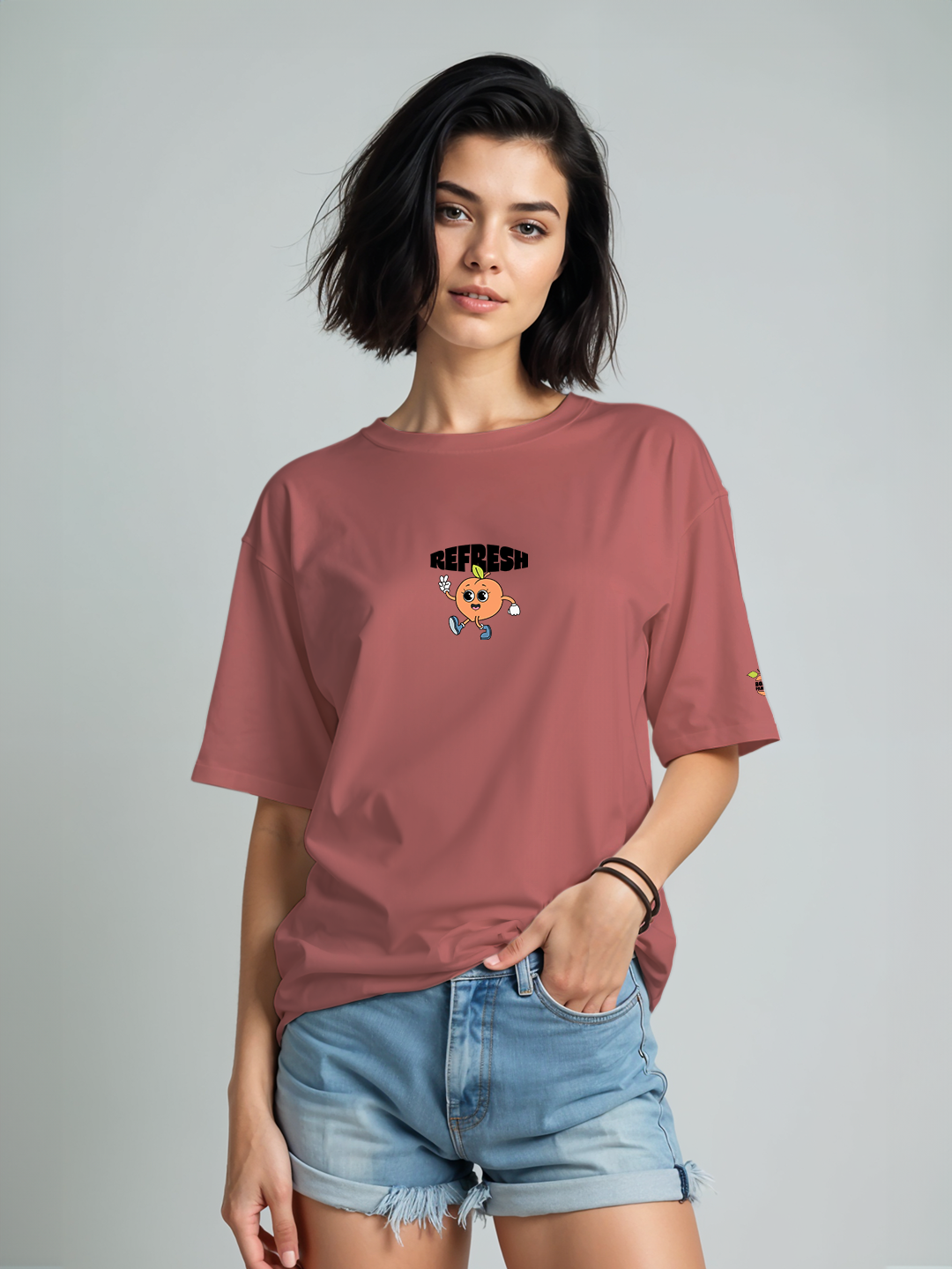 Cheeky Peach T-shirt in Rosy Red – Playful Fruit Graphic Tee For Women