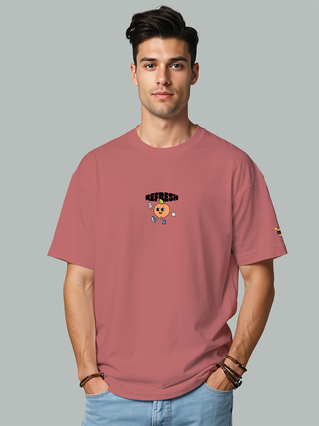 Cheeky Peach T-shirt in Rosy Red – Playful Fruit Graphic Tee For Men