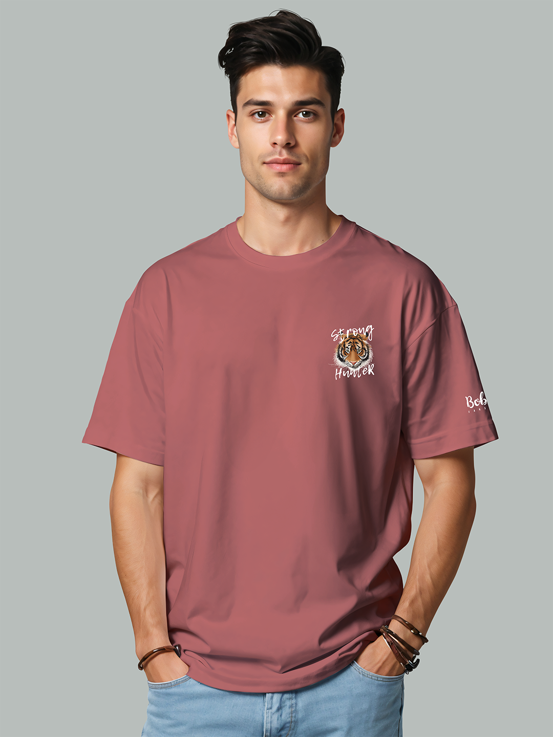 Strong Tiger Hunter T-Shirt in Rosy Red – Fierce Wildlife Graphic Tee For Men