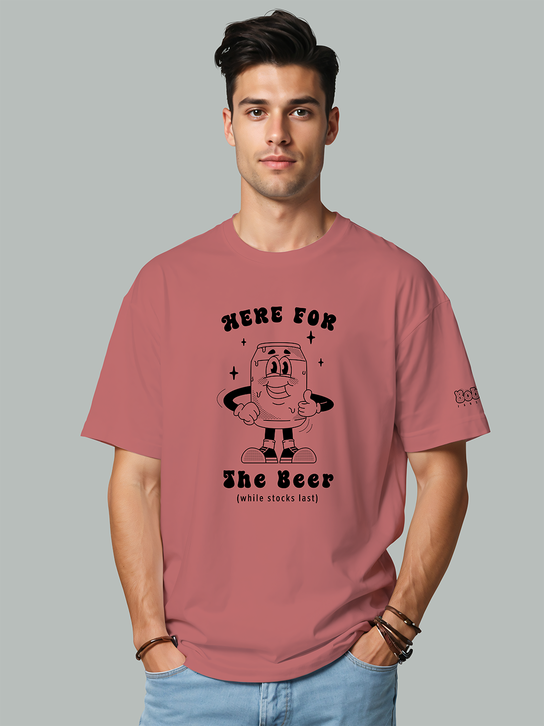 Here for the Beer T-Shirt in Rosy Red – Fun Beer Lover's Graphic Tee For Men