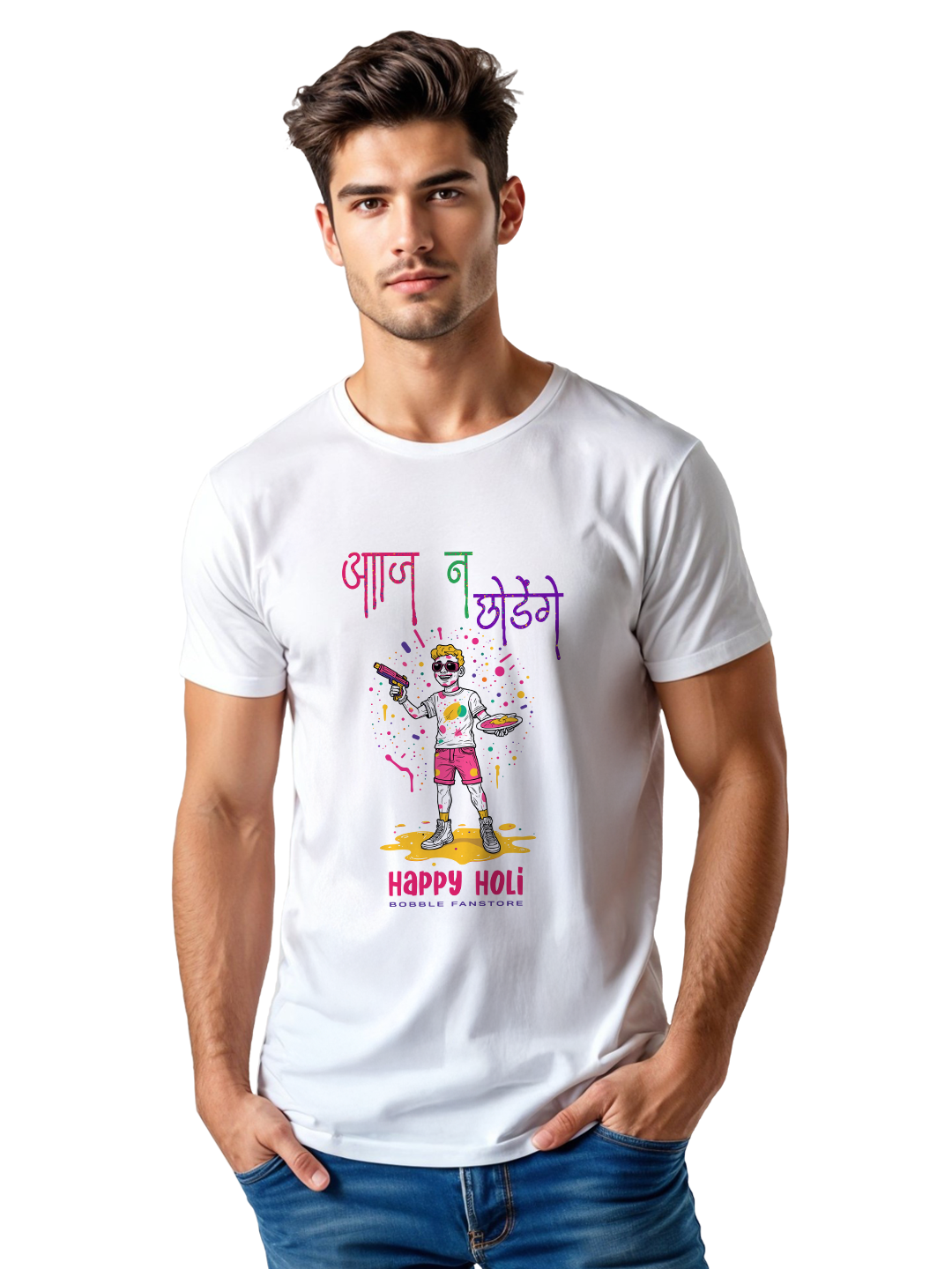 Bobble Fan Store Men’s T-Shirt – Festive Cotton Tee with Aaj Na Chhodenge Hindi Print | Colorful & Stylish Holi Outfit for Men | Perfect for Holi Party, Gifting & Casual Wear