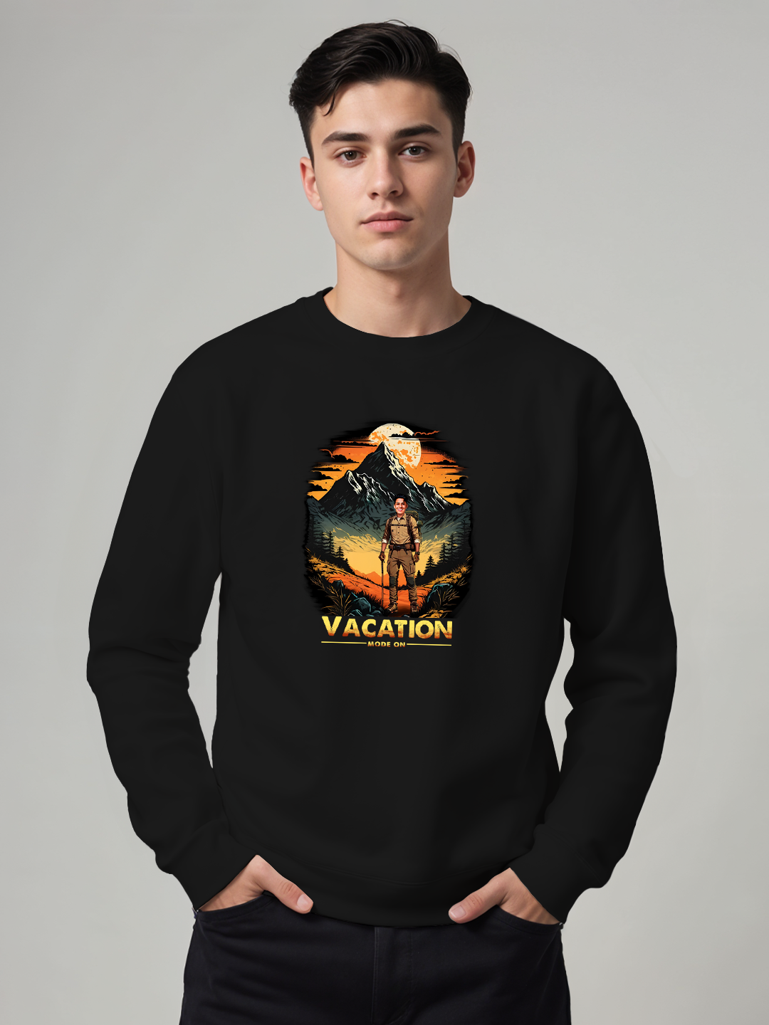 Black Sweatshirt for Men - "Vacation Mode On" Customizable with Your Face